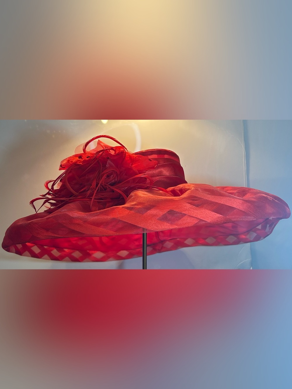 Whittall & Shon - Elegant Red Wide-Brim Hat with Floral Trim - Size 22.5”